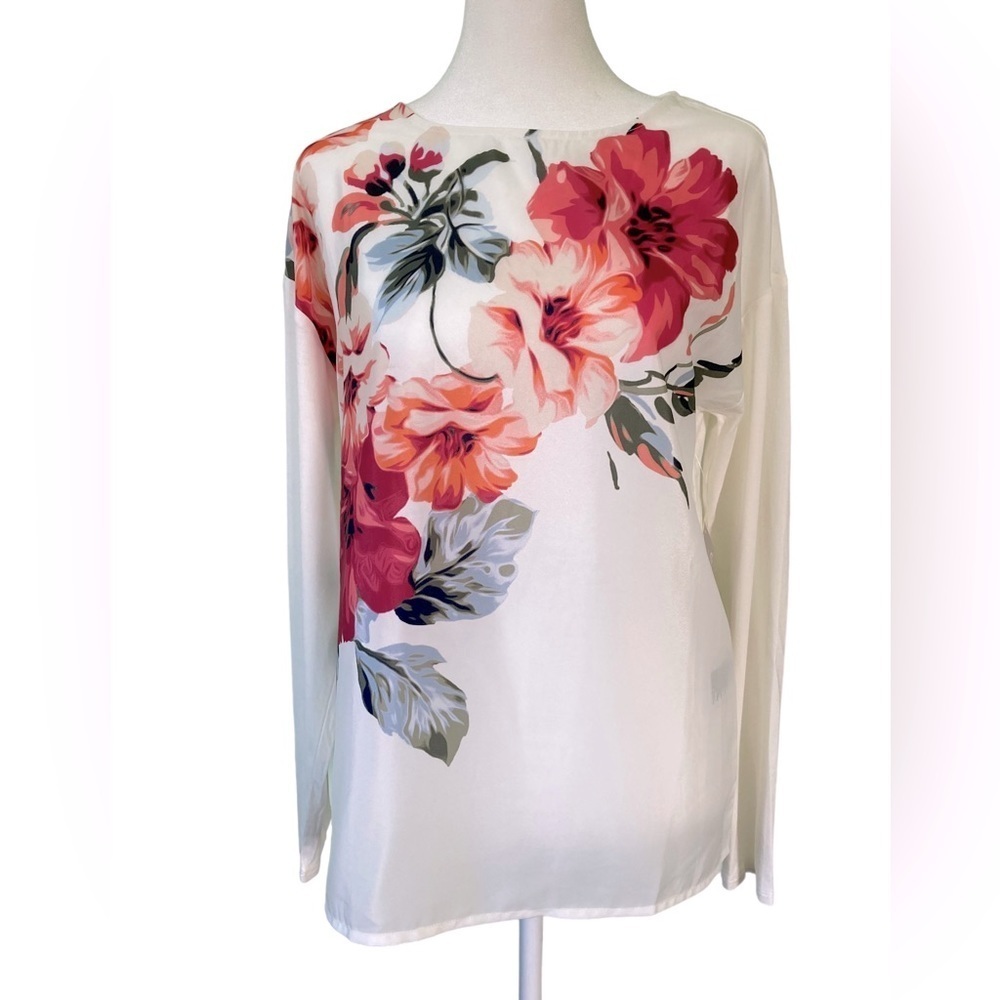NWT Chico’s Floral Woven-Knit Long Sleeve Crewneck Soft Ecru Blouse (Size 0/Sm)